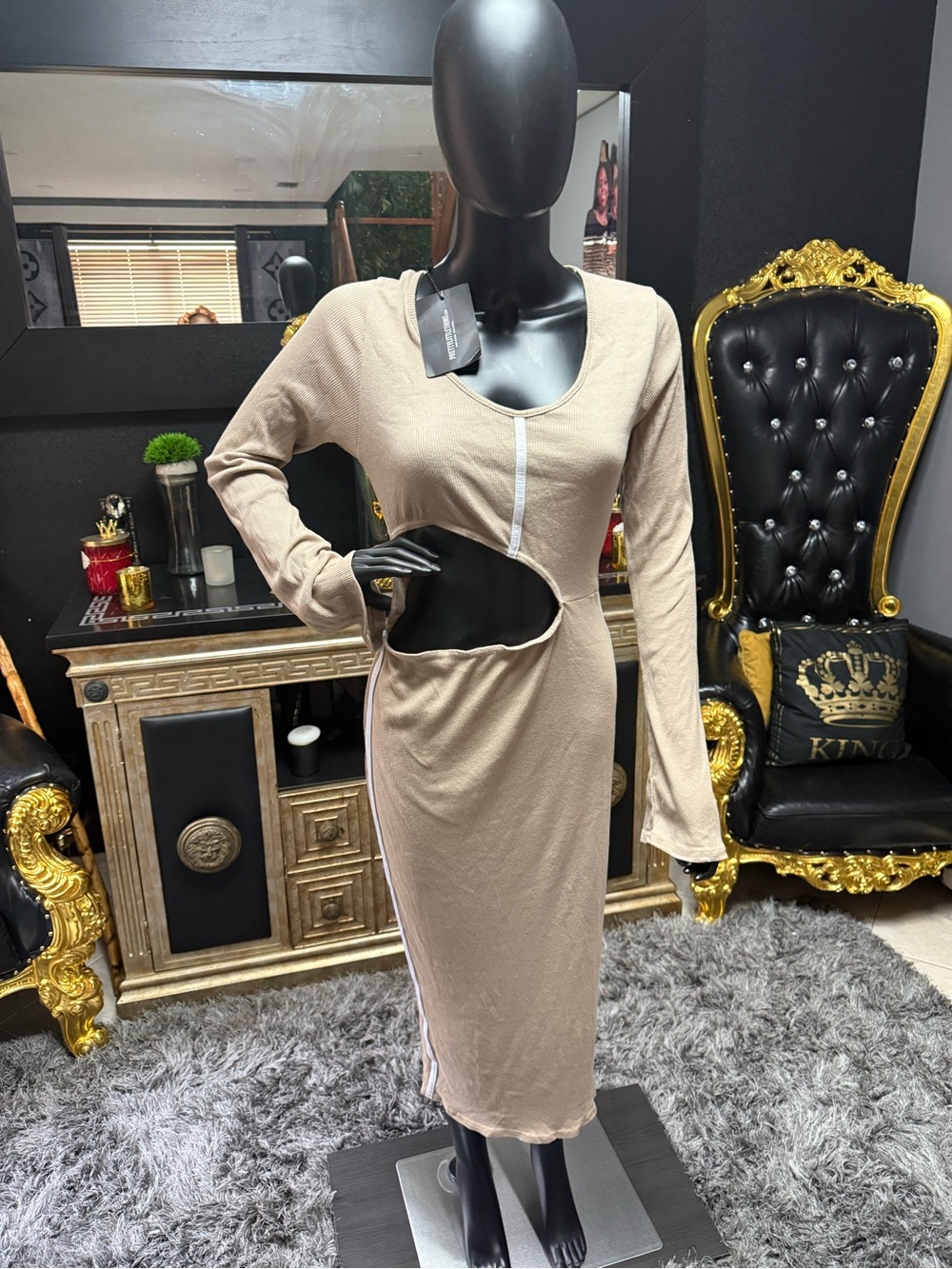 Women's Beige Cutout Long Sleeve Midi Dress